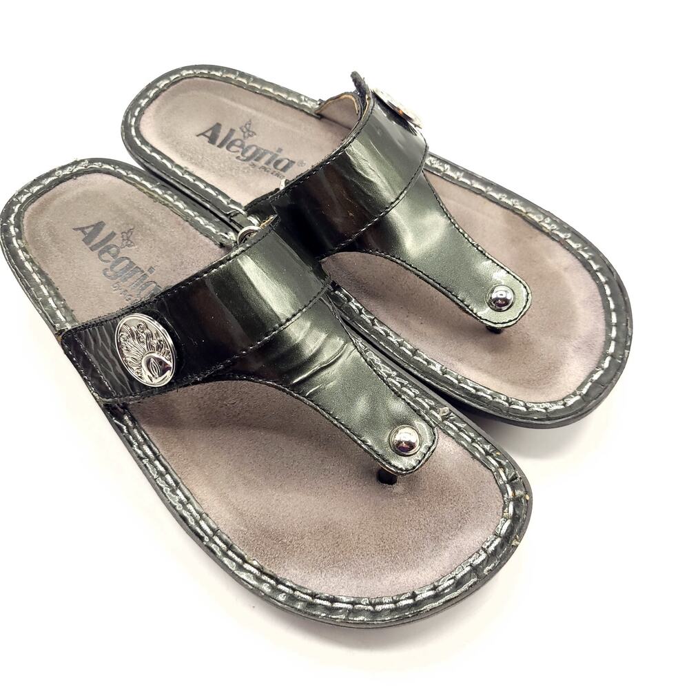 Alegria Carina Sandal Thongs Patent Leather Flip Flops Black Size 6